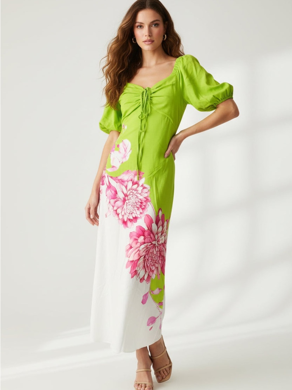 Alex Marie Lime Green Maxi Dress with Pink Straps